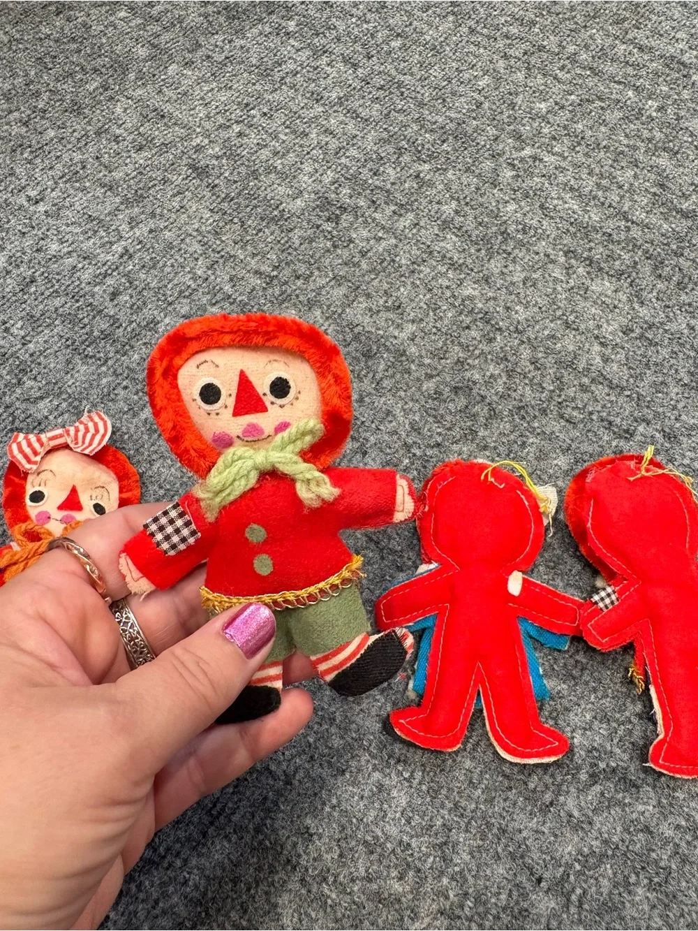 Raggedy Ann And Andy Fabric Vintage Christmas Ornaments 1950s or 60s